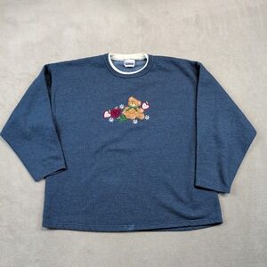 Endless Designs Vintage Teddy Bear Embroidered Sweatshirt Large Blue Cottagecore